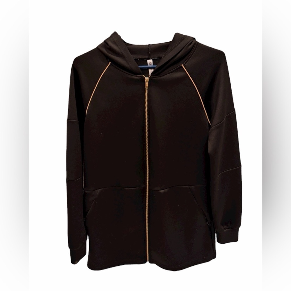 Fabletics Livia Jacket Black Jacket with Gold Accents Zip Up Hoodie Size Small